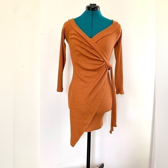 AKIRA Dresses & Skirts - Akira asymmetrical mini dress v neck ribbed knit bodycon curvy wrap side tie NWT